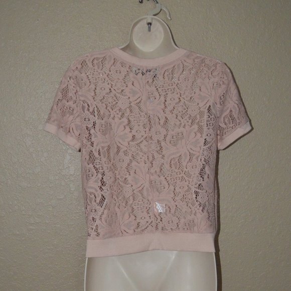 LAST CHANCE Sz 2 Loyd/Ford Pink Knit Lace Short Sleeve Cropped Top Blouse - Picture 5 of 6